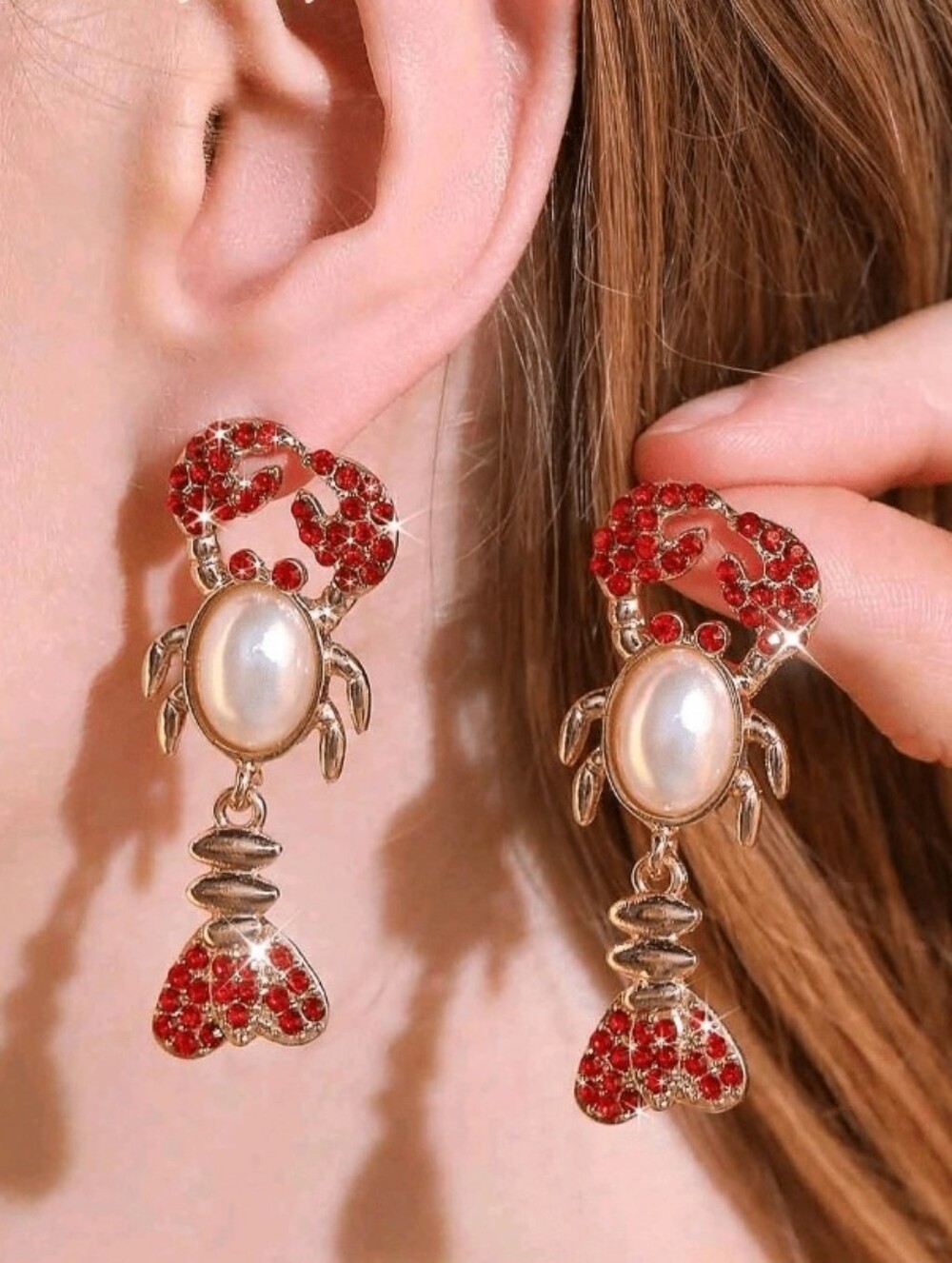 NEW! Stunning Gold Red Sparkly Crystal Crab Earrings with Pearl Center Accent